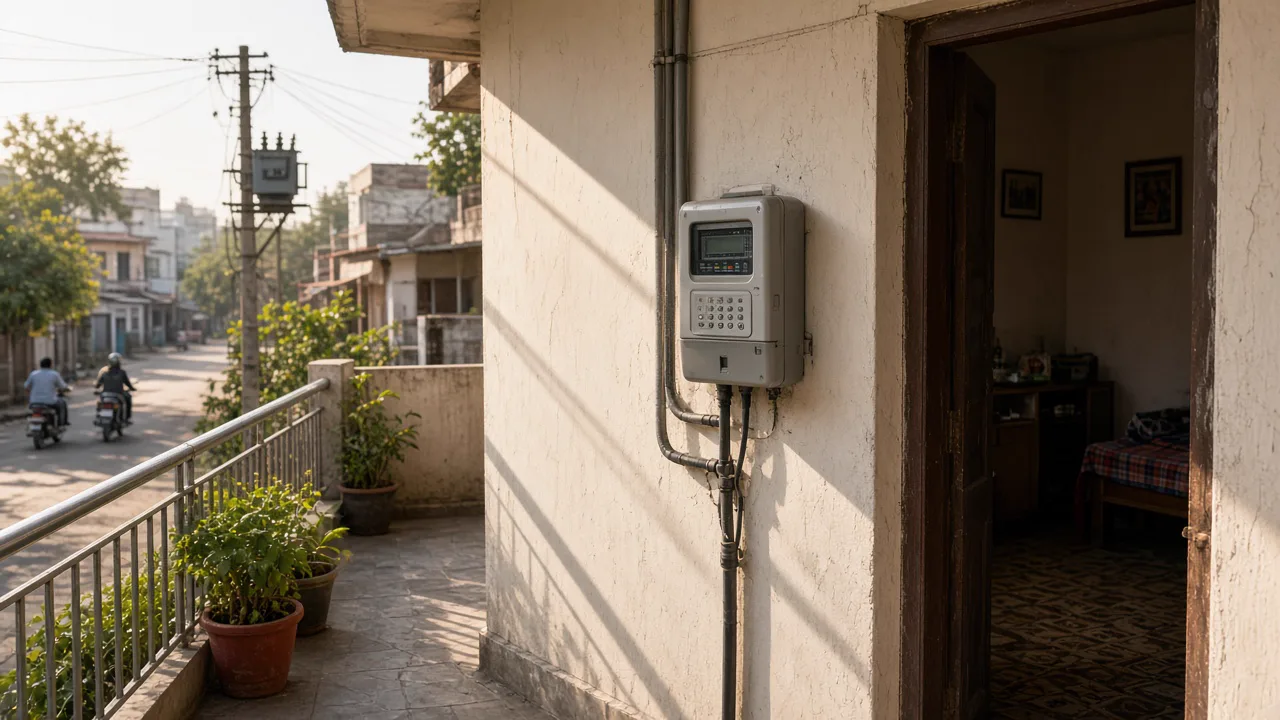 Prepaid smart meter on a home veranda in an Indian town