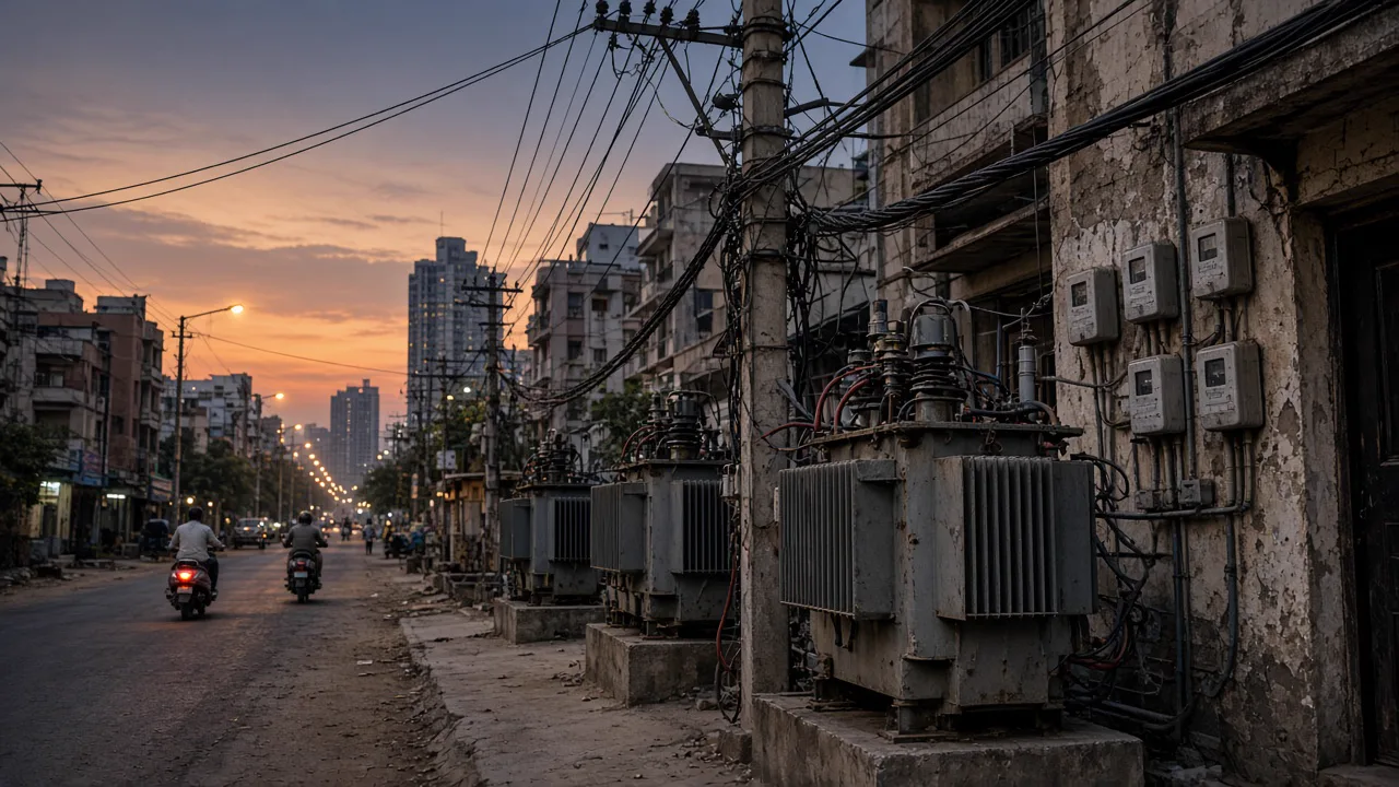 Indian city distribution transformers and prepaid smart meters at dusk