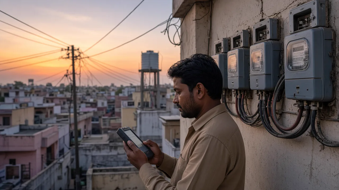 Utility technician checking electricity meters in an Indian residential colony